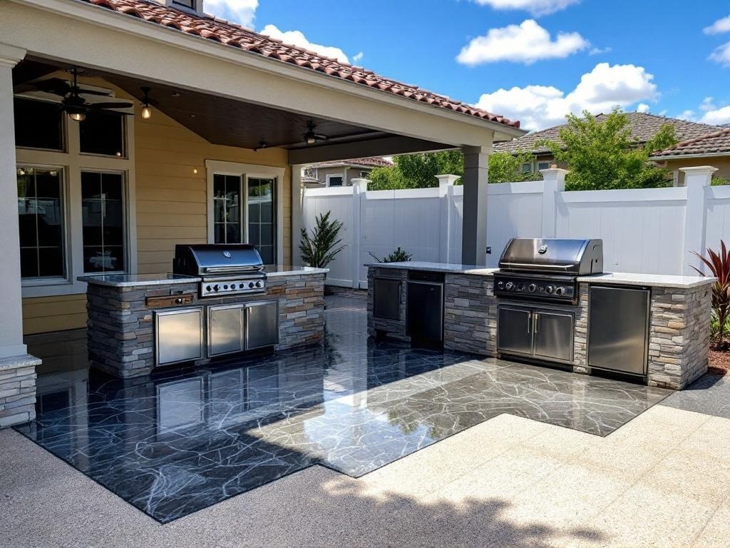 Stylish outdoor barbecue station with glossy epoxy flooring and modern grill setup.