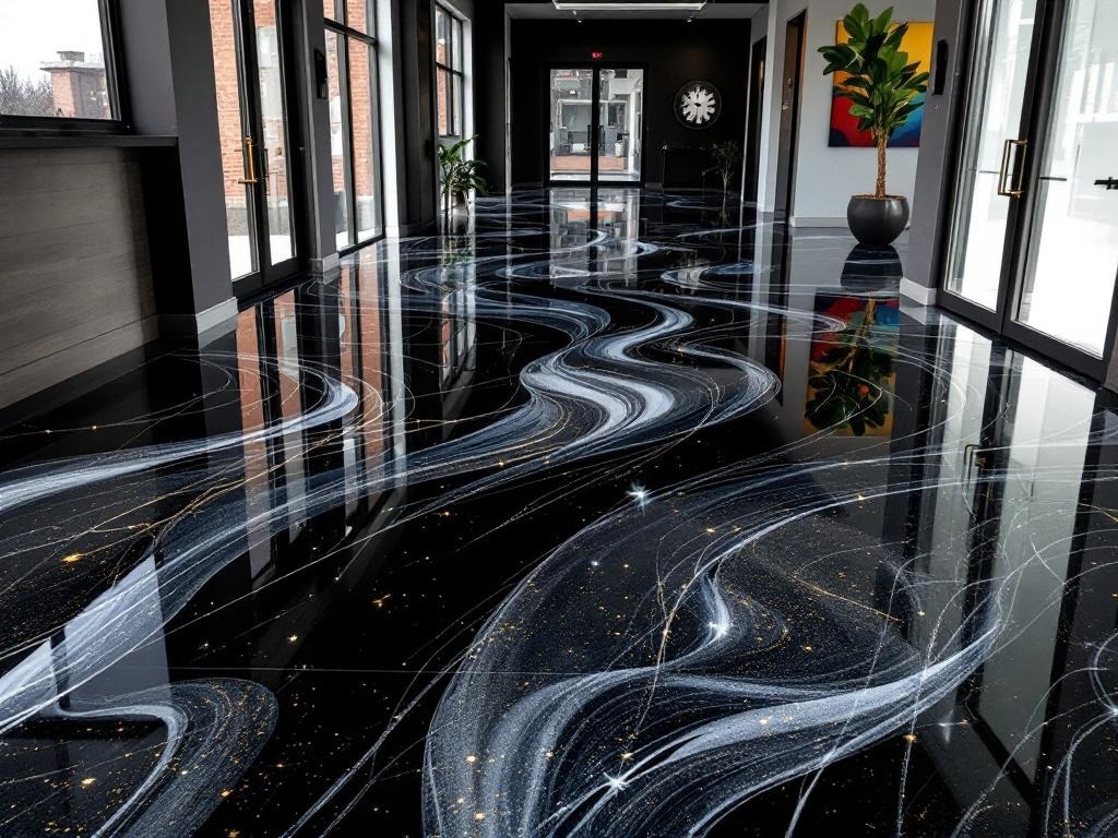 A modern nightfall epoxy floor design featuring swirling patterns and shimmering details.
