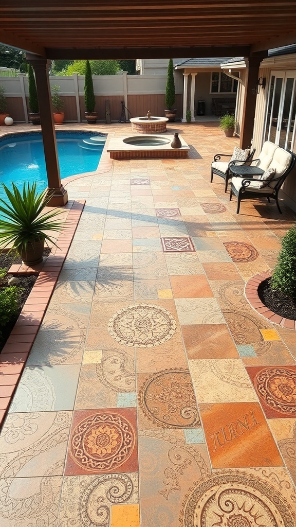A beautifully designed patio with intricate mosaic epoxy patterns, featuring a pool and seating area.