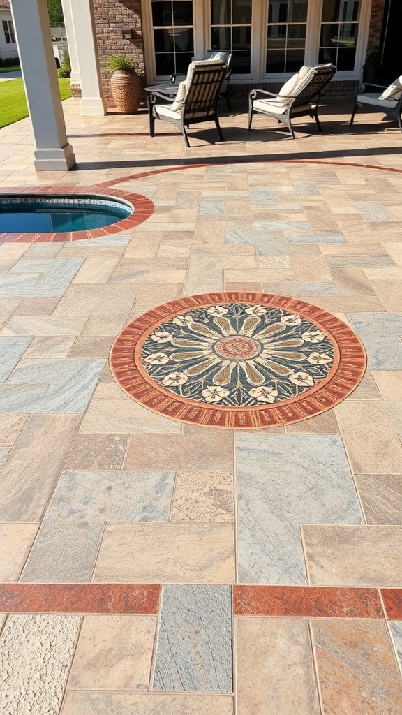 A beautiful patio featuring a stamped concrete medallion surrounded by patterned concrete tiles.