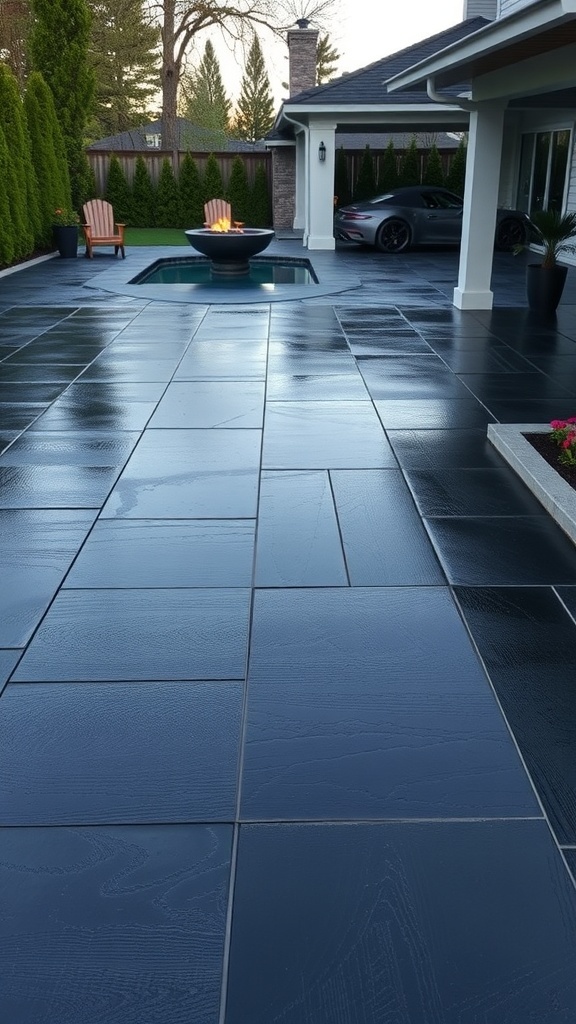 A modern black epoxy-stained concrete patio with a glossy finish, featuring a central fire pit and surrounded by greenery.