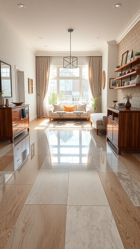 A bright living room featuring light reflective epoxy flooring with a mix of marble and wood textures.