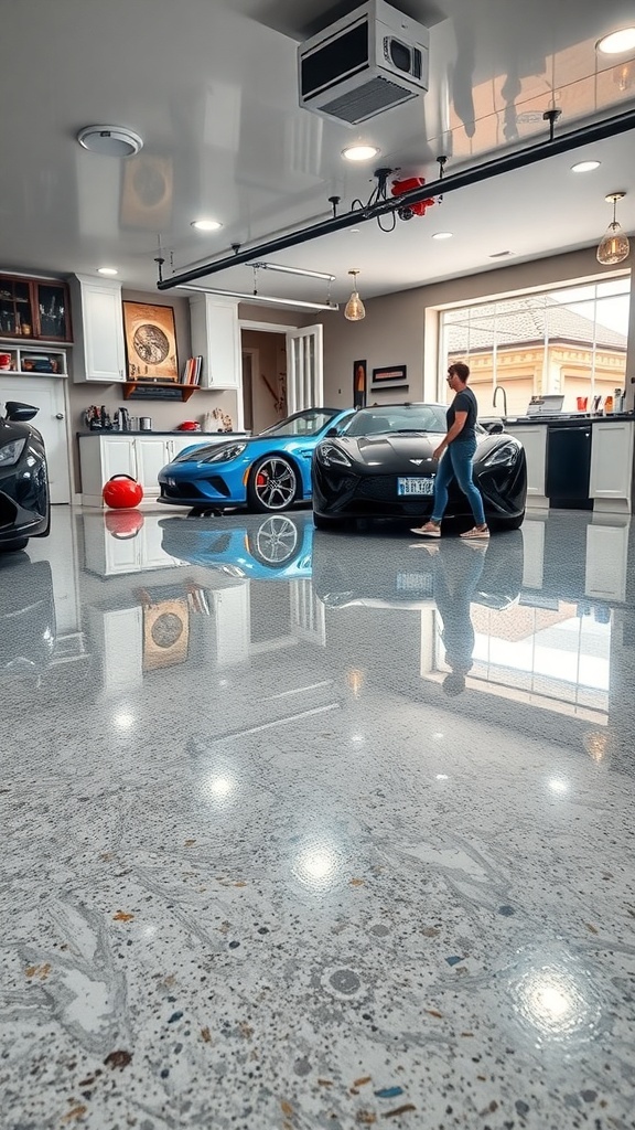 A modern garage with glossy epoxy floors, showcasing luxury cars and bright lighting.