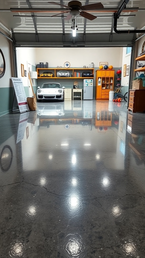 A well-designed garage featuring shiny epoxy floors, showcasing a luxury car and organized storage.