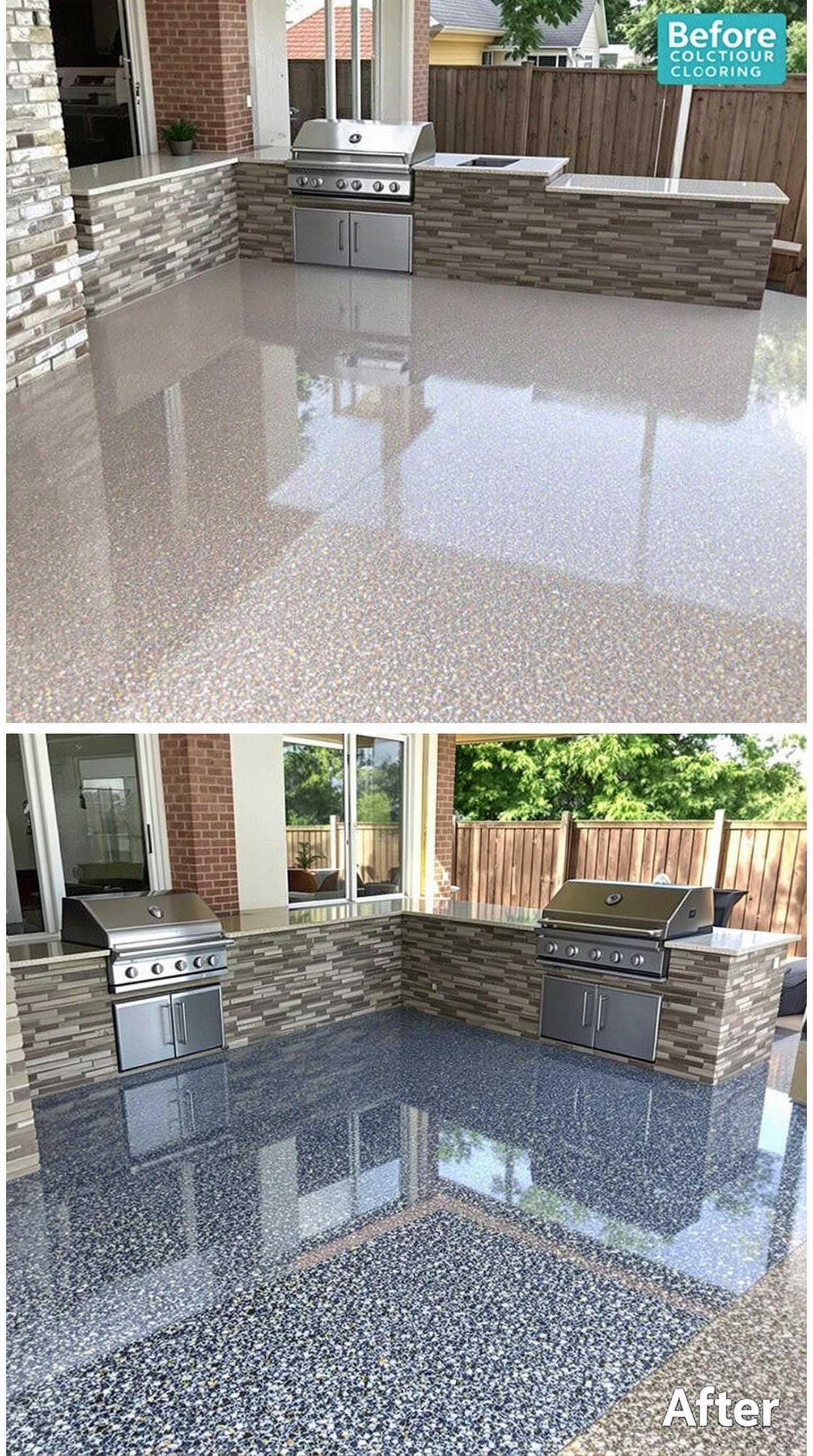 Before and after images of an outdoor kitchen with epoxy flooring transformation