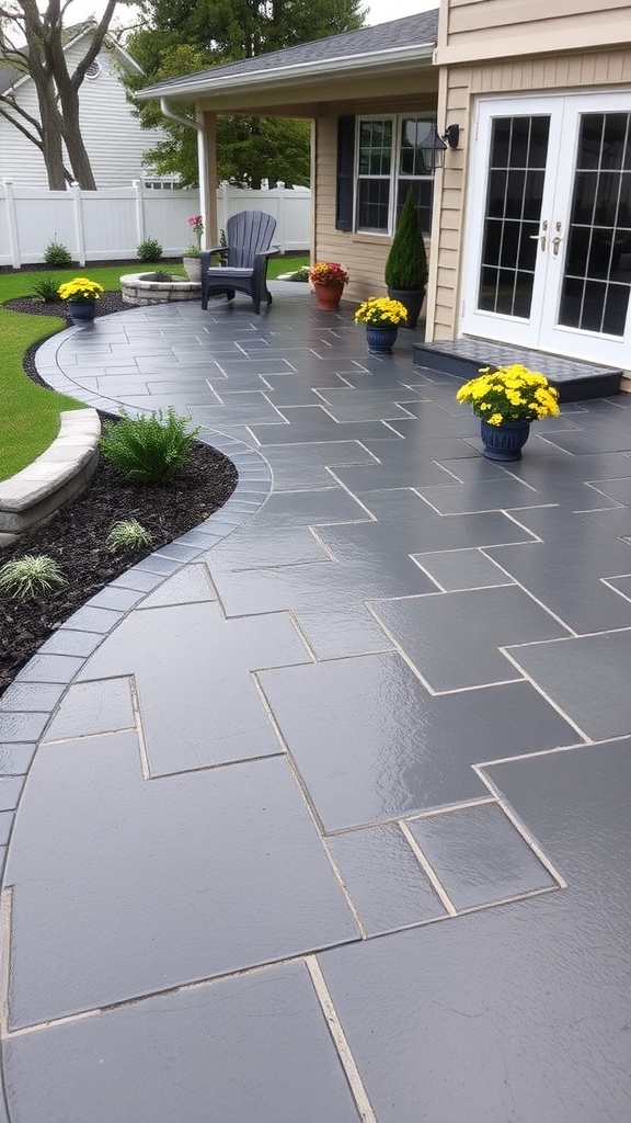 A beautifully designed dark gray stamped concrete patio with a cozy seating area and a fire pit, showcasing a cost breakdown and color options for stamped concrete.