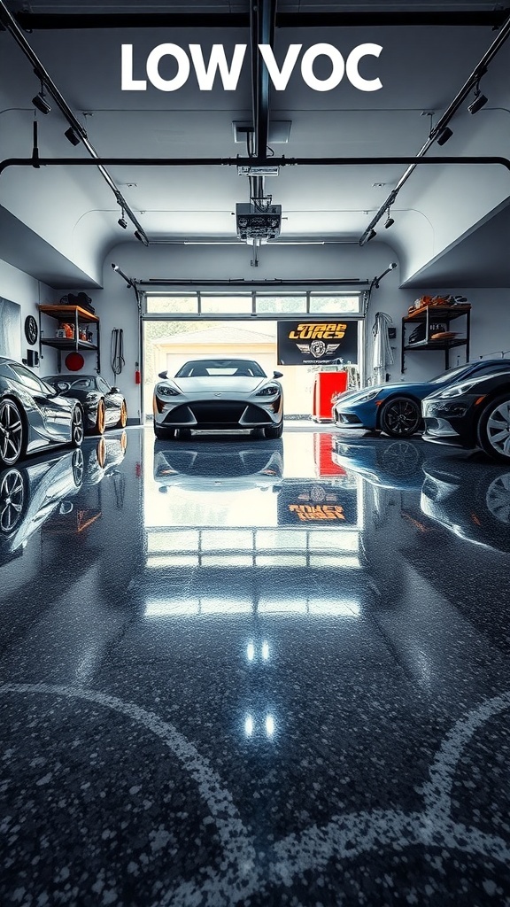 A modern garage with low VOC epoxy flooring, showcasing luxury cars and a bright, clean space.