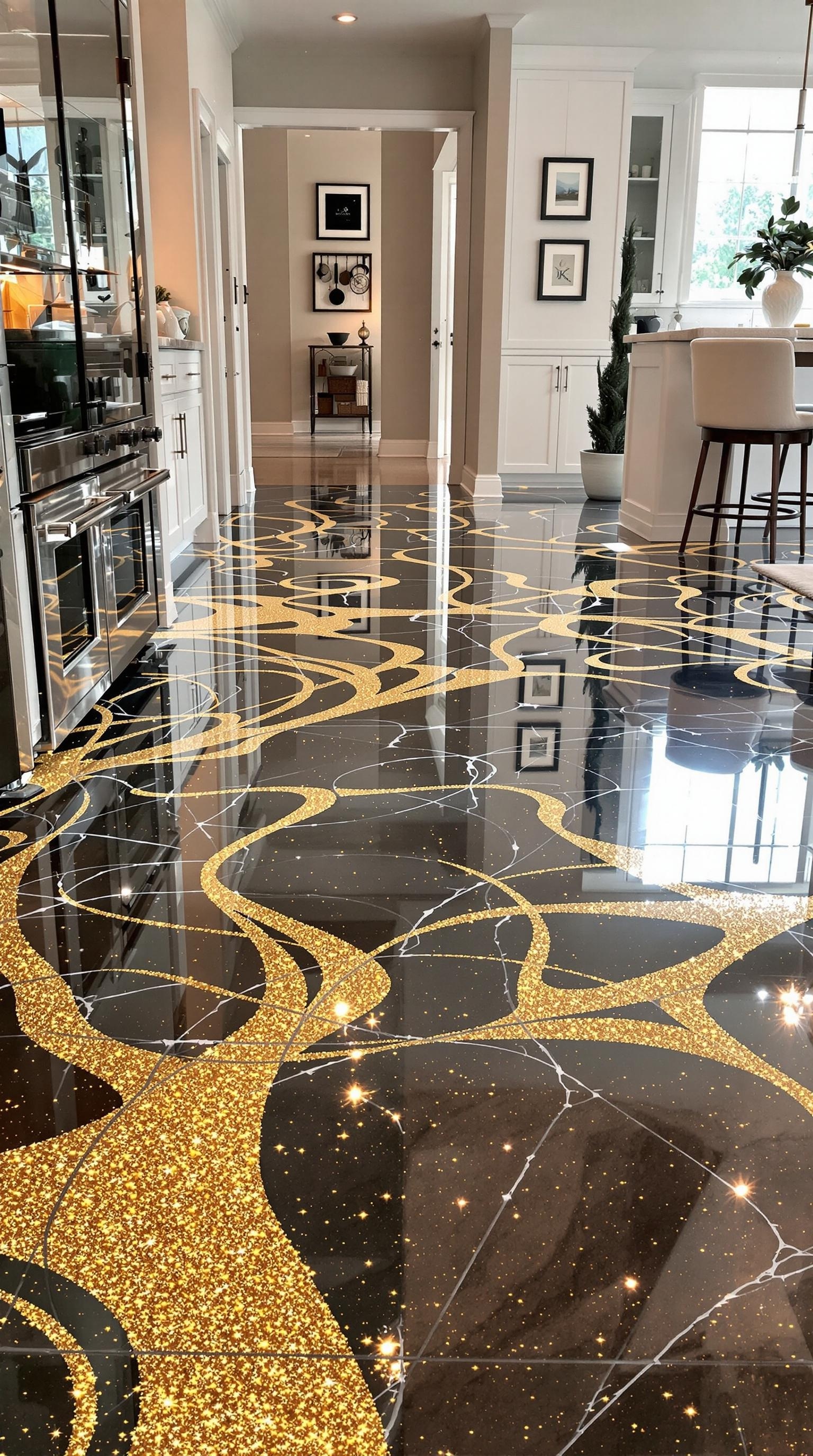 A luxurious glitter epoxy floor with gold accents in a modern kitchen setting.