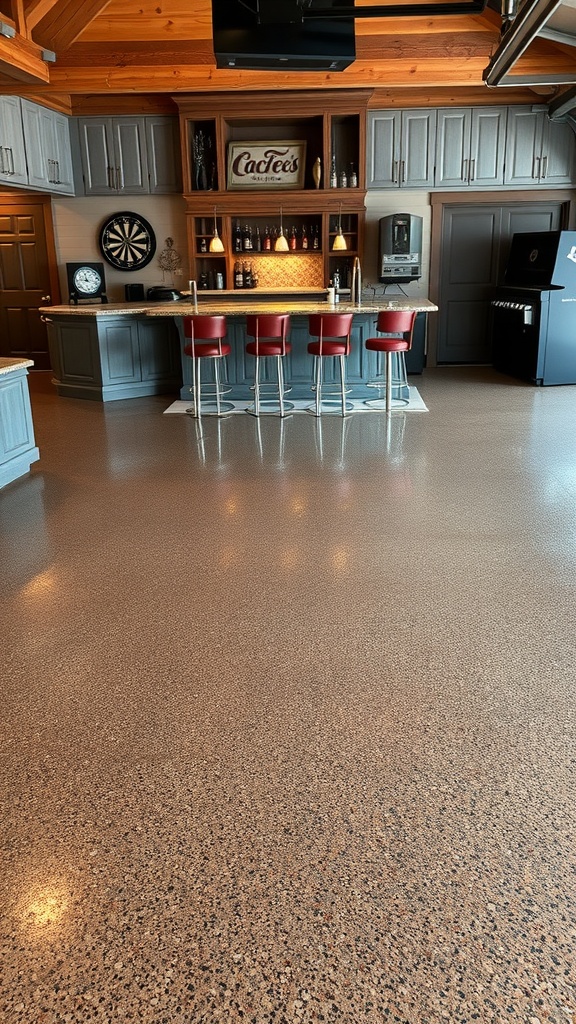 A stylish garage bar with polished epoxy flooring, showcasing a rustic bar counter and modern decor.