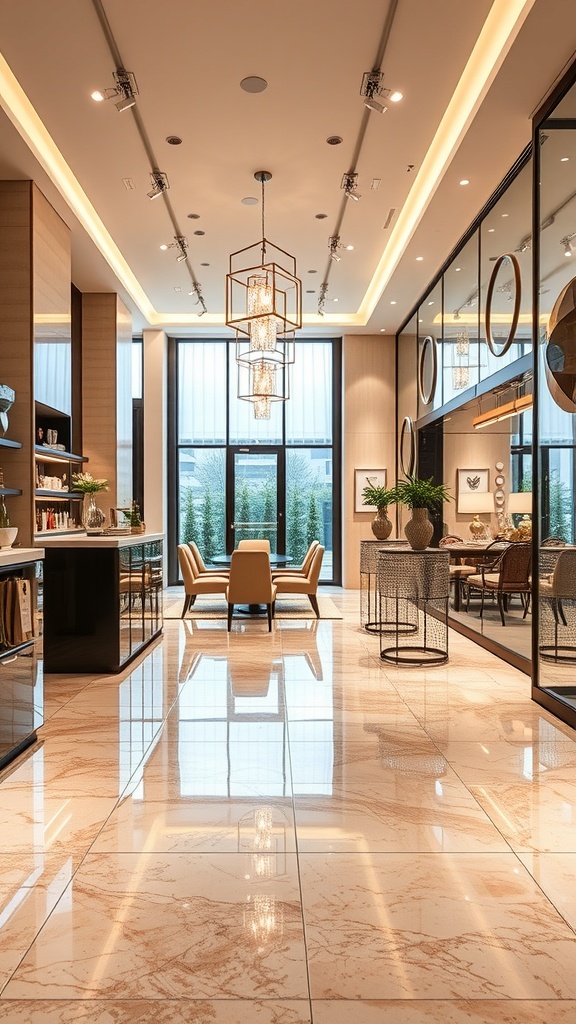 A luxurious interior space featuring a glossy marble concrete floor, elegant lighting, and modern furnishings.