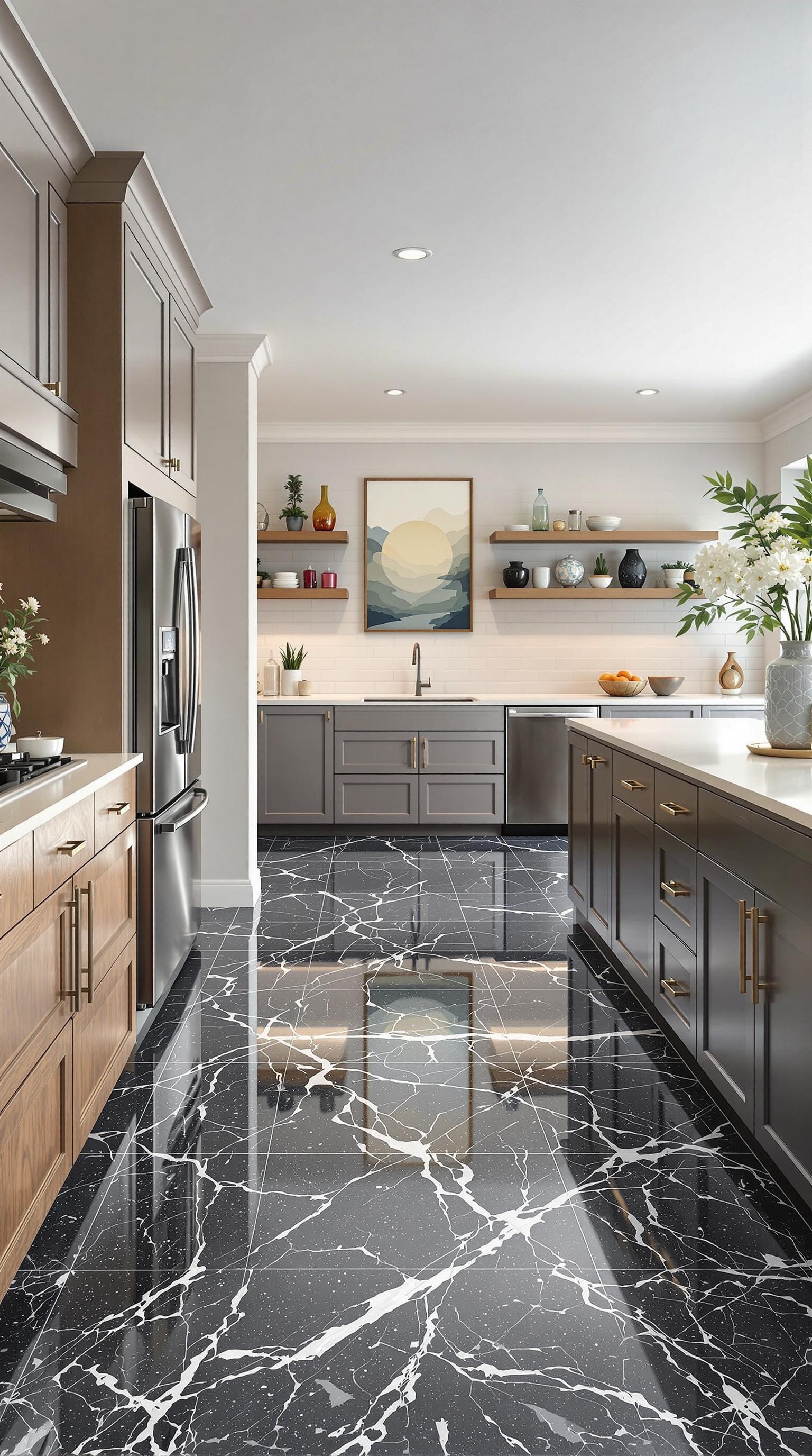 A modern kitchen featuring a luxurious marble concrete floor with stylish cabinetry.