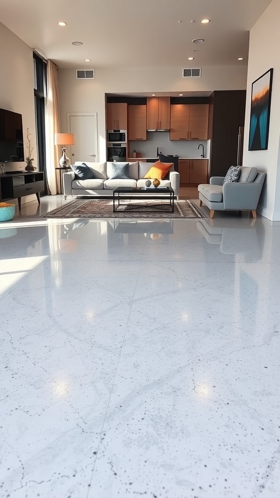 A modern living room with glossy epoxy flooring, showcasing a stylish and durable interior design.