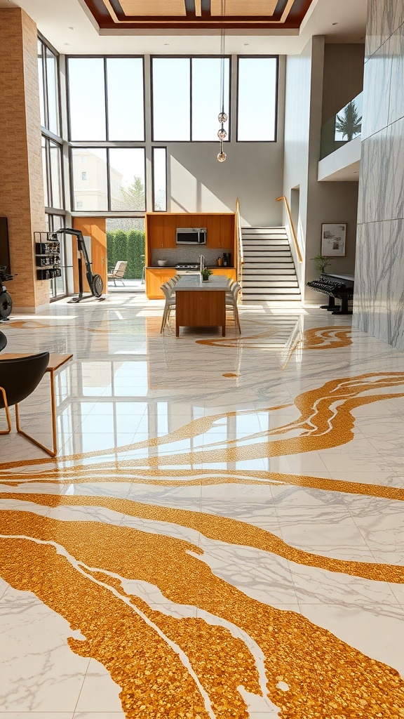 A modern living space featuring marble epoxy flooring with gold flake accents, showcasing a luxurious interior design.
