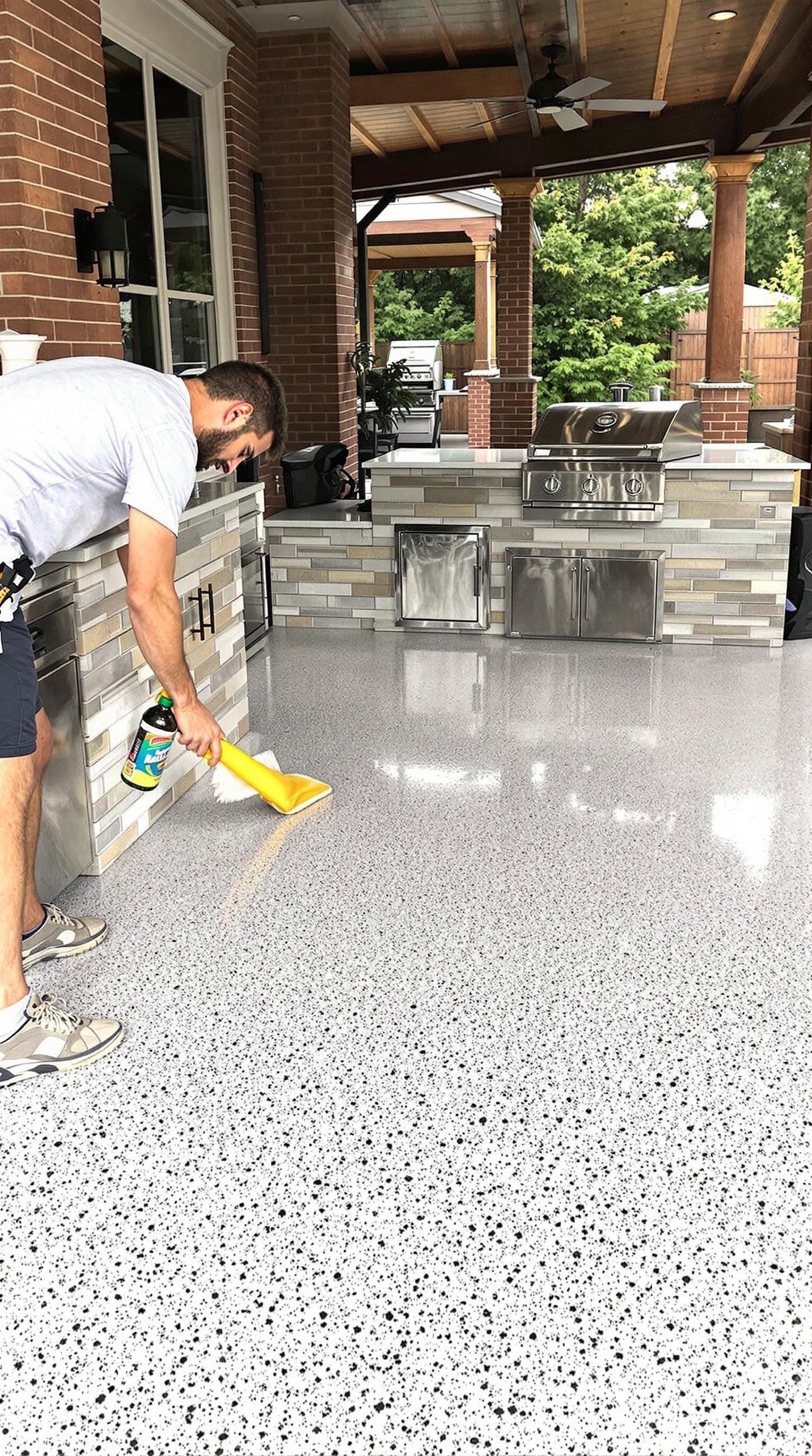 A person cleaning a shiny epoxy floor in an outdoor kitchen with stainless steel appliances.