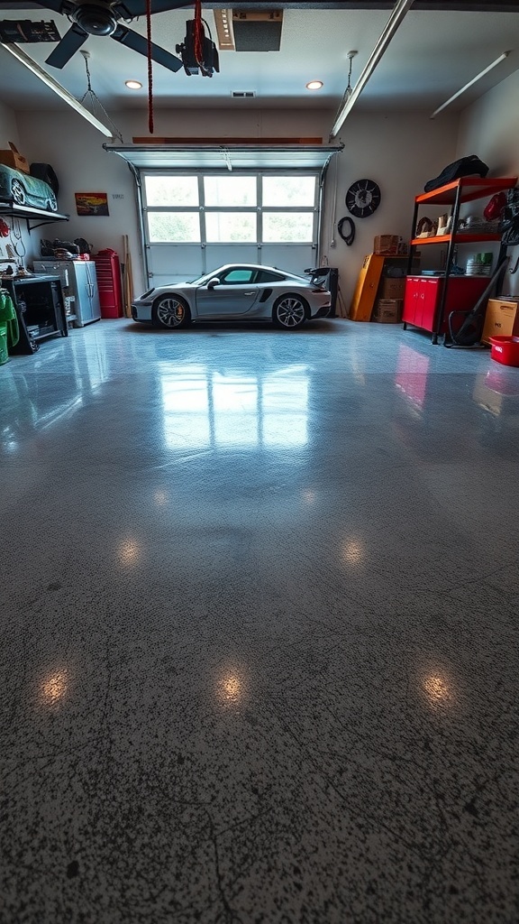 A spacious garage with a shiny epoxy floor and a sleek car parked inside.