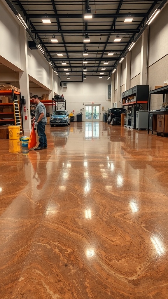 A person cleaning a shiny brown metallic epoxy floor in a spacious area, showcasing the beauty and durability of epoxy flooring.