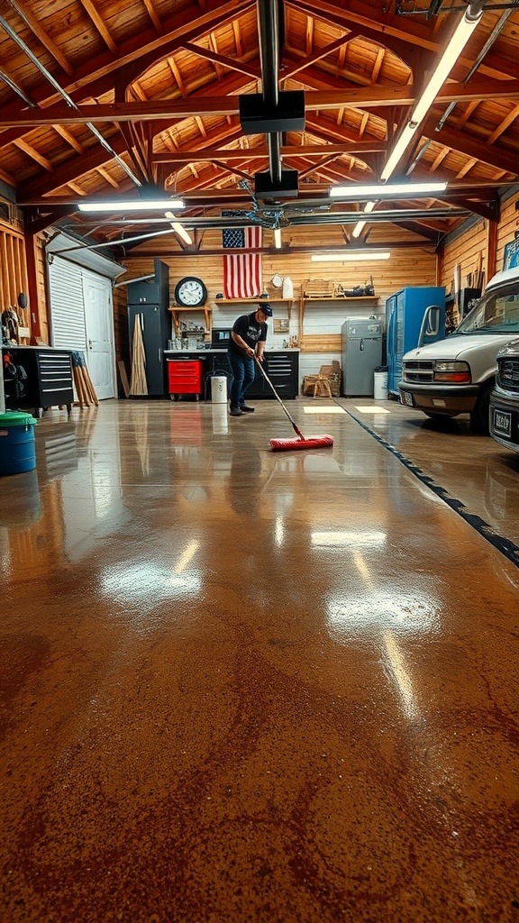 A person applying a fresh coat of epoxy on a garage floor, showcasing a rustic garage design with wooden beams and organized tools.