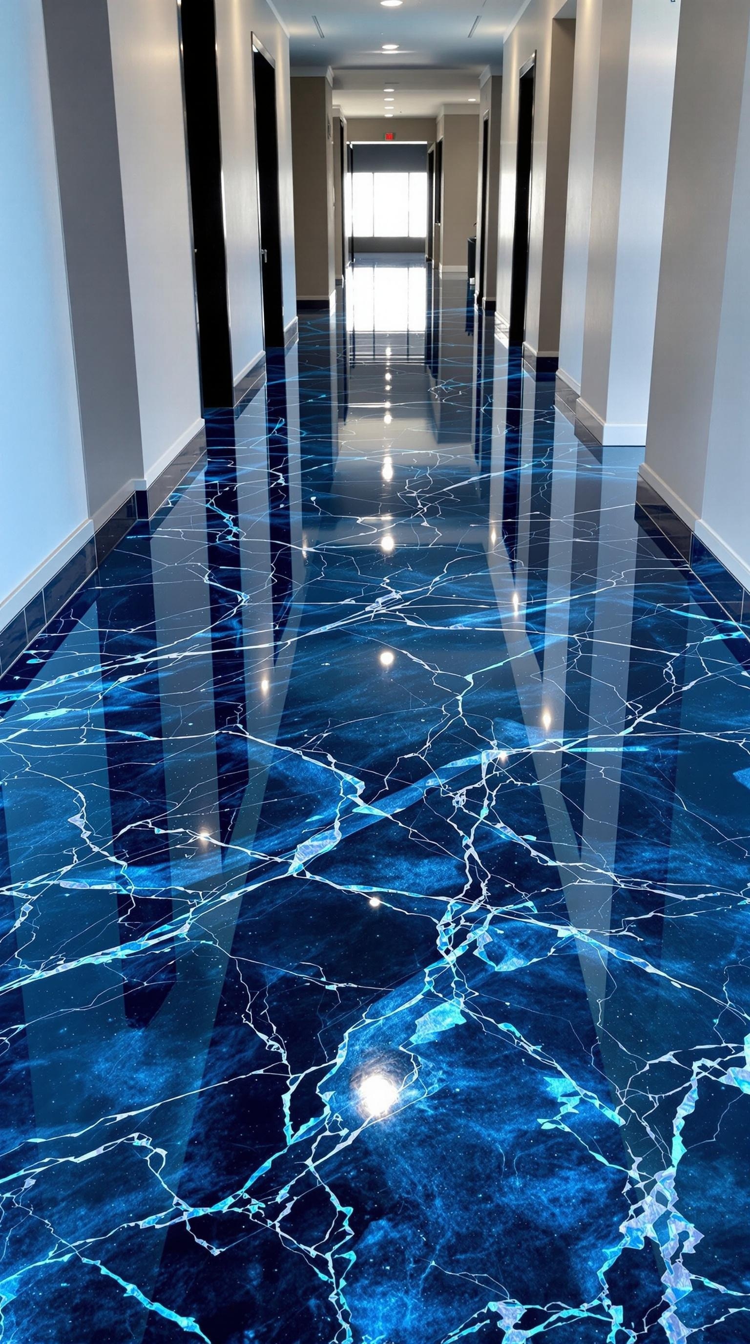 A hallway with glossy blue marble effect epoxy flooring, featuring a deep ocean vibe.