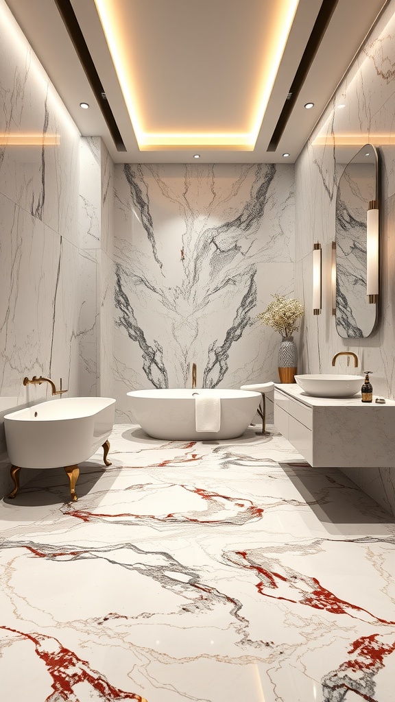 A luxurious bathroom featuring marble effect epoxy flooring with a modern design.