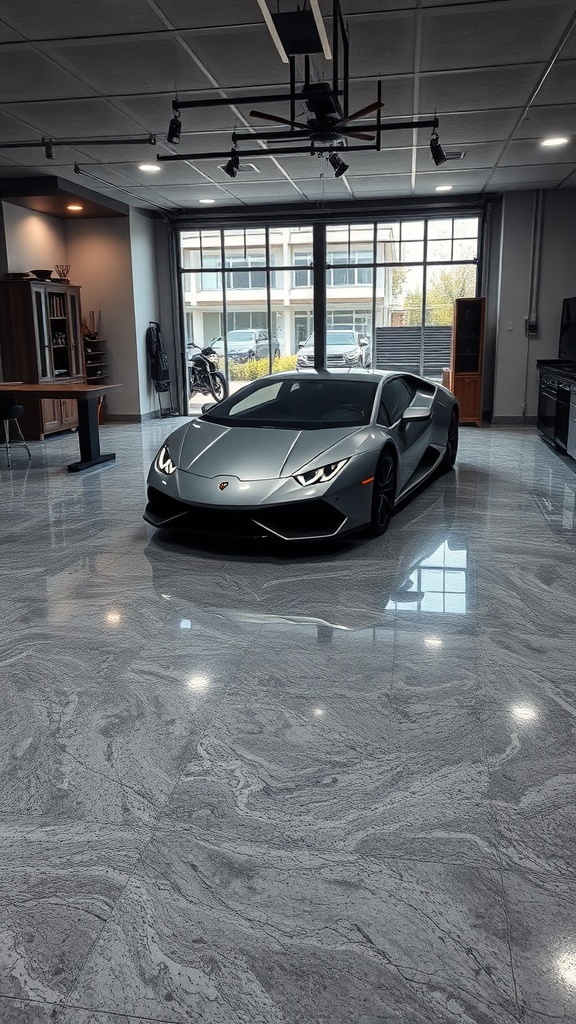 A sleek metallic epoxy floor resembling marble, showcasing a luxury car in a modern garage setting.