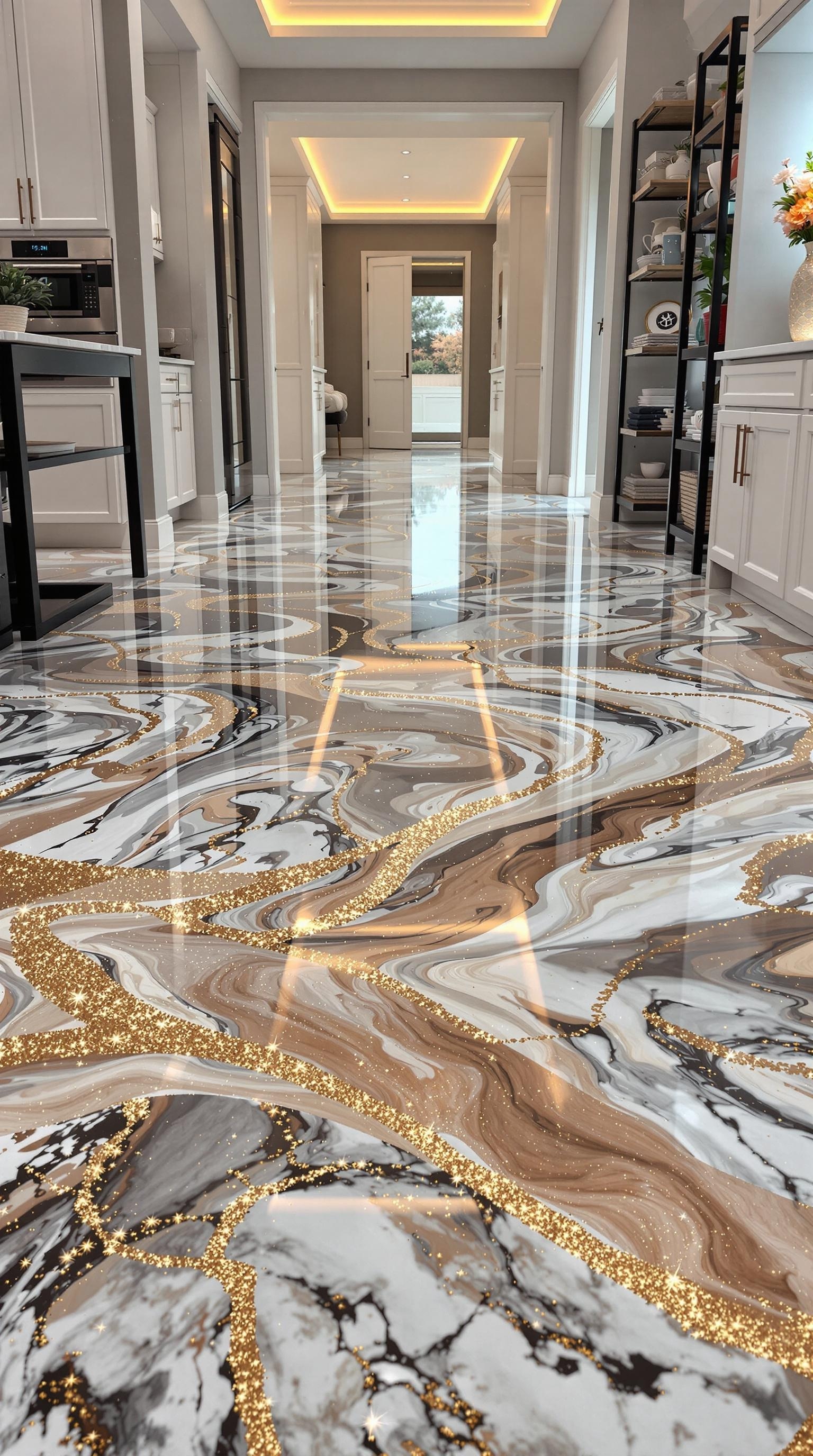 A marble effect epoxy floor with gold accents in a modern home setting.