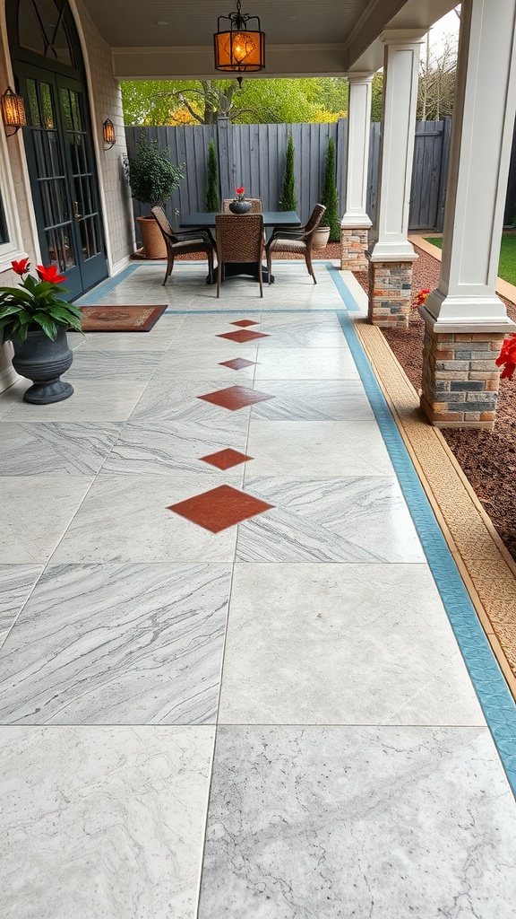 A patio featuring marble effect epoxy floors with decorative patterns and a cozy seating area.