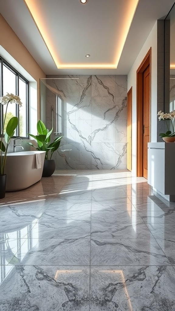 A modern bathroom featuring marble effect epoxy flooring, showcasing a luxurious and stylish design.