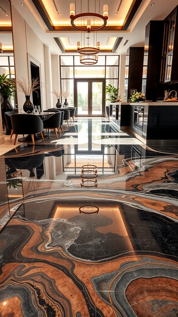 Luxurious copper metallic epoxy floor in a modern living space