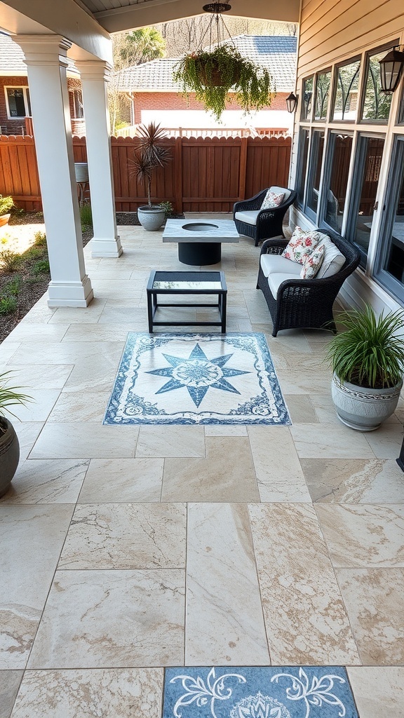 A patio with marble effect epoxy flooring featuring a blue and white patterned centerpiece and modern furniture.