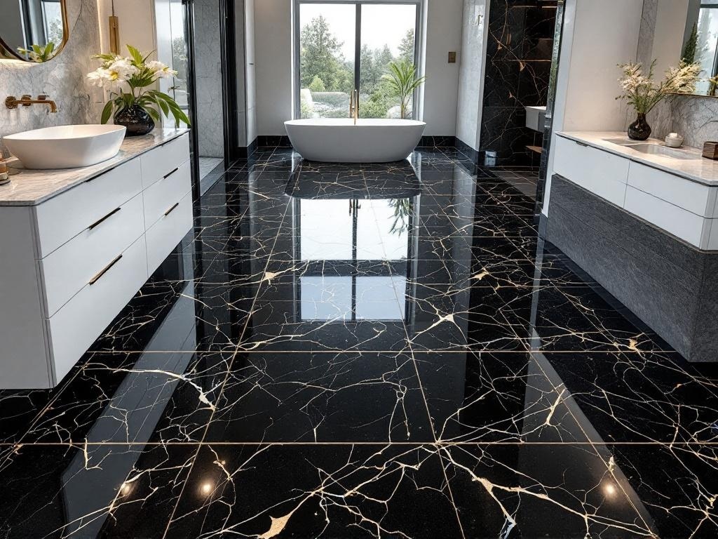 Luxurious black marble effect epoxy floor in a modern bathroom setting