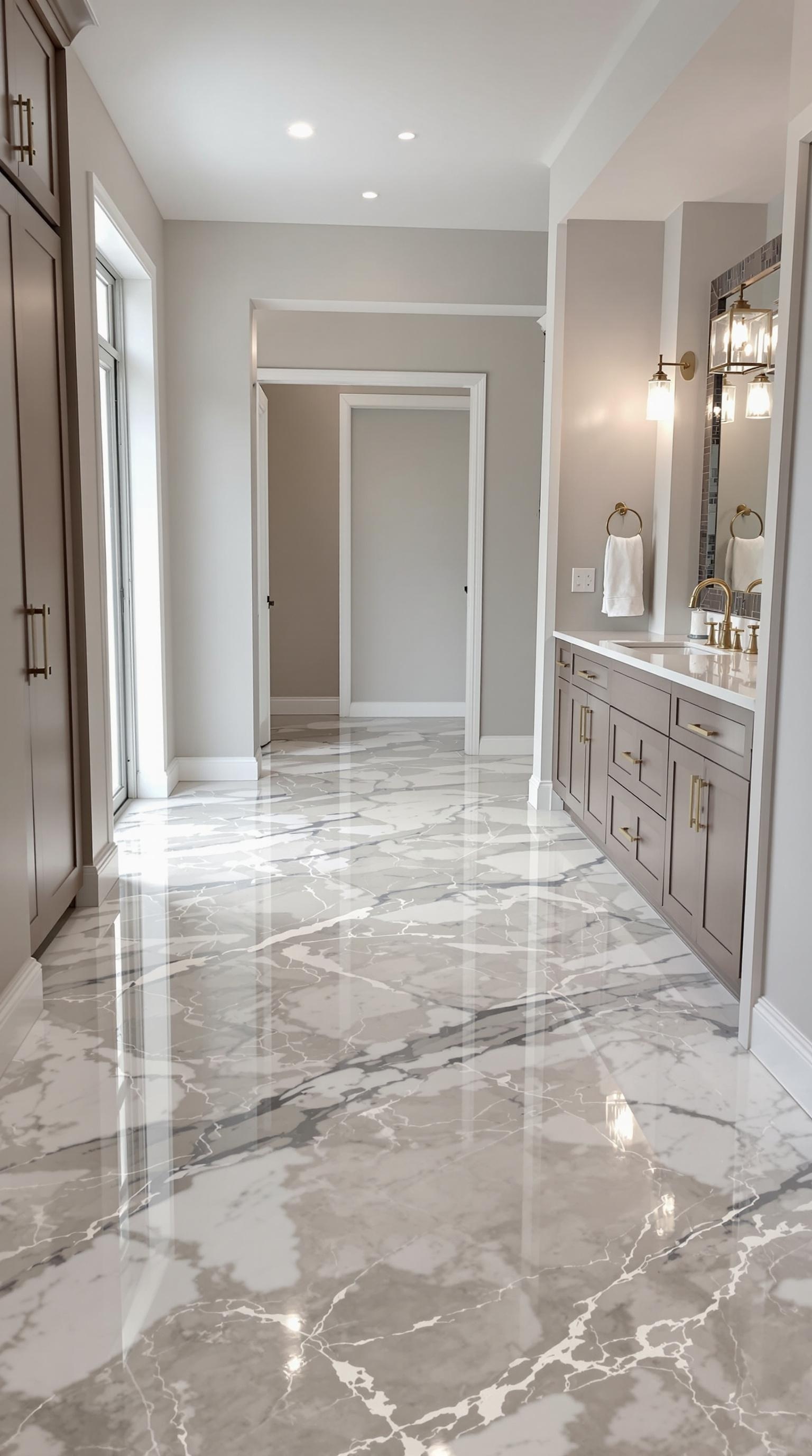 Interior space featuring a marble effect epoxy floor with modern cabinetry and lighting.