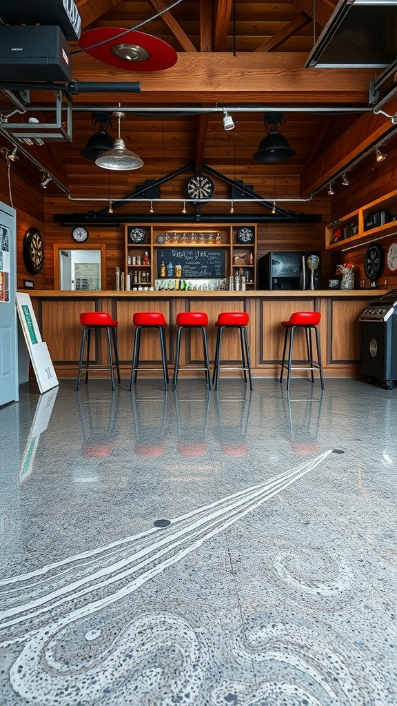 A stylish garage bar with a marble effect epoxy floor, showcasing a rustic bar counter and red stools.