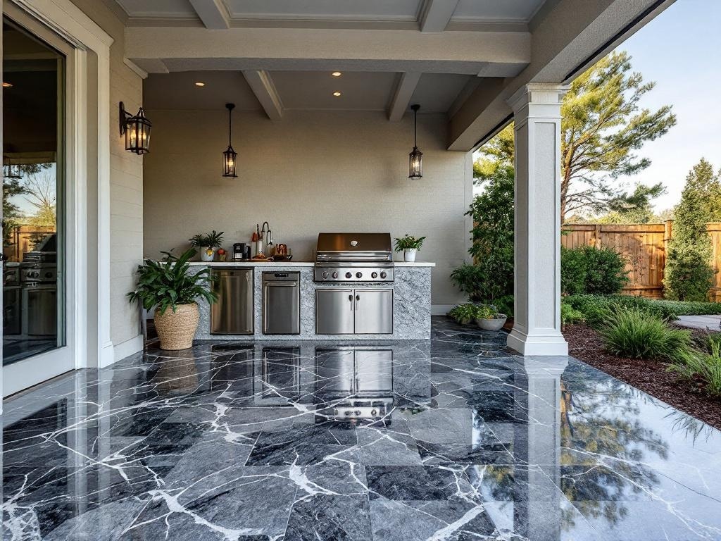 Elegant outdoor barbecue station with marble effect epoxy flooring
