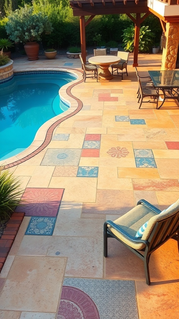 Mediterranean inspired stamped concrete patio with pool and seating area