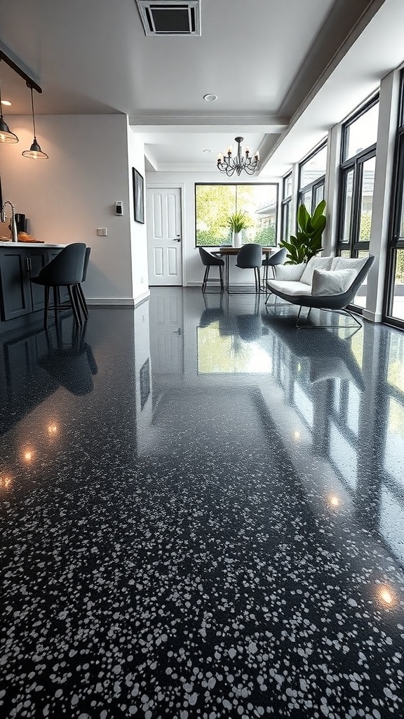 A modern room with a black metallic epoxy floor featuring white speckles, showcasing a stylish and elegant interior.