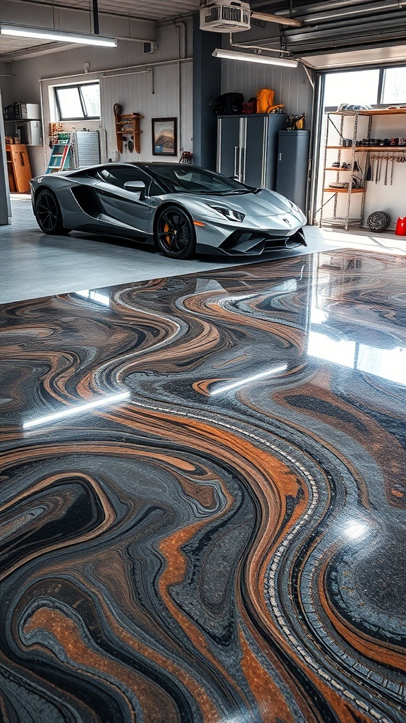 A sleek garage featuring a metallic epoxy floor with swirling patterns in black and copper, alongside a stylish sports car.