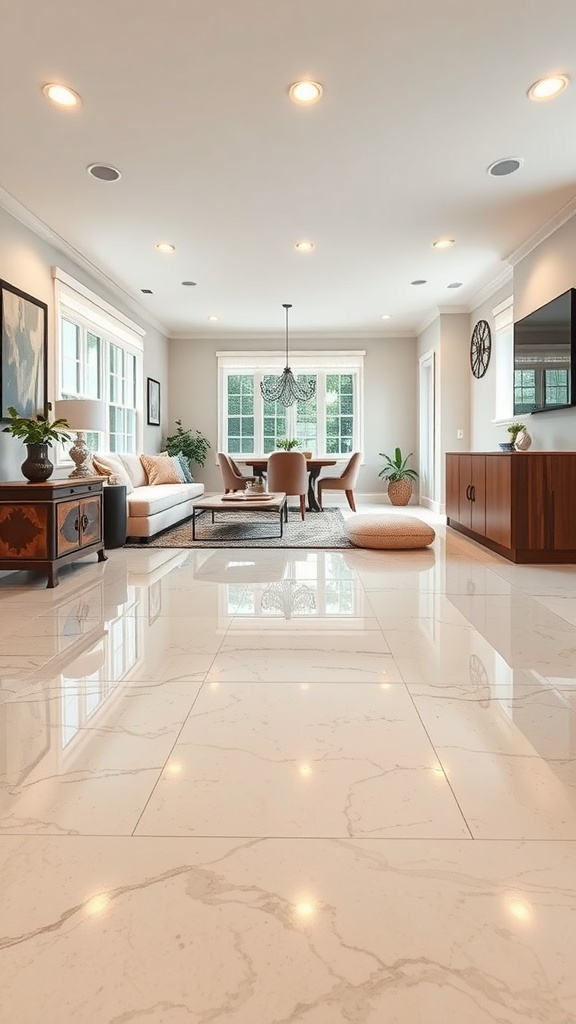 A modern living room with a shiny metallic epoxy floor, bright lighting, and stylish furniture.
