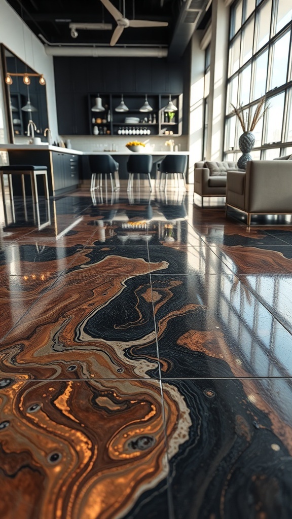A luxurious copper metallic epoxy floor in a modern kitchen with large windows and stylish furniture.