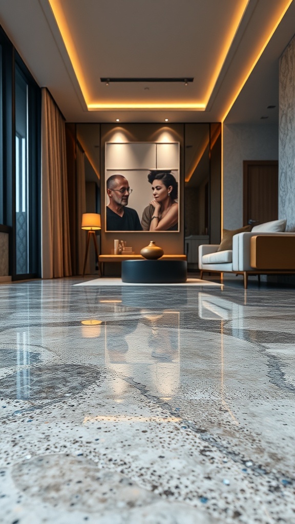 A beautifully designed room with metallic epoxy flooring, showcasing a polished surface that reflects light.