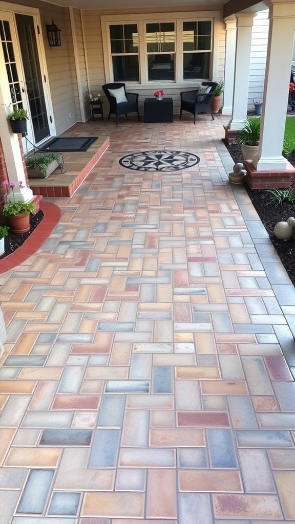 A stamped concrete patio with a modern design featuring various colors and patterns.