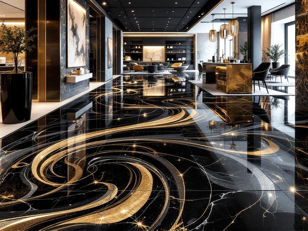 Luxurious metallic epoxy floor design with black and gold swirls