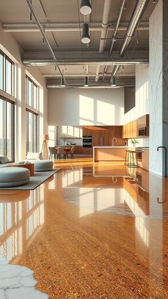 A modern kitchen with a gold flake epoxy floor, showcasing a luxurious and inviting atmosphere.