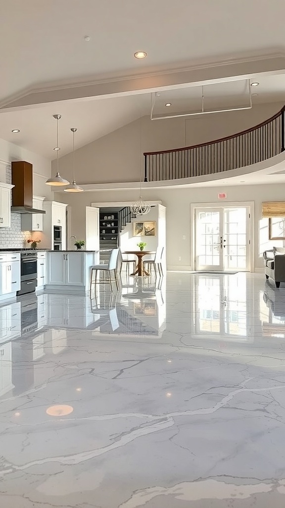 A modern kitchen with a glossy marble-look epoxy floor, showcasing a stylish and elegant interior.
