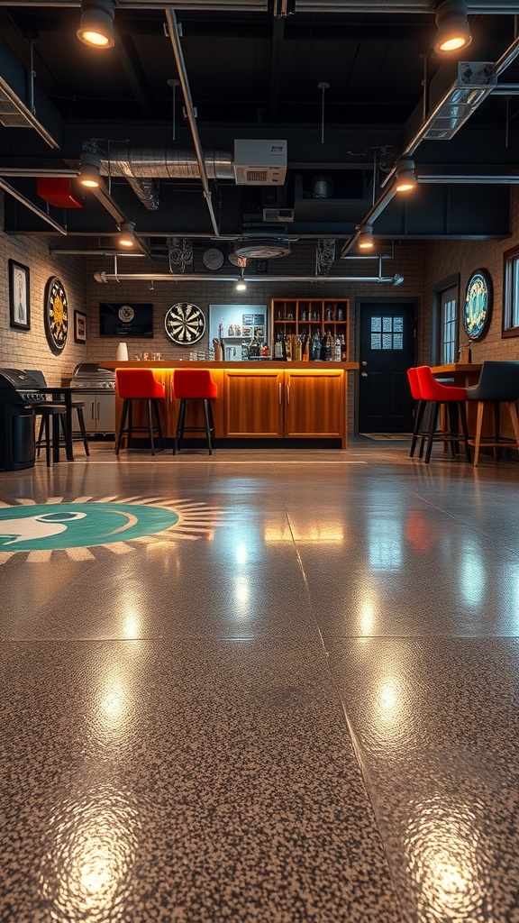 Stylish garage bar with metallic epoxy flooring and modern bar counter