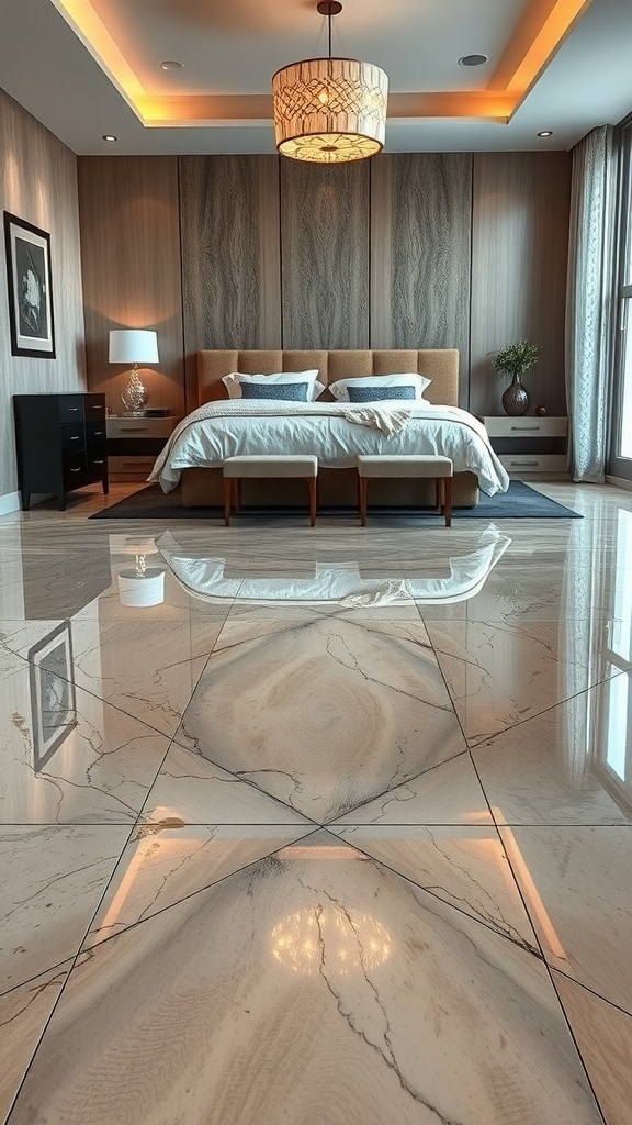 Luxurious bedroom with high gloss marble epoxy floor reflecting light.