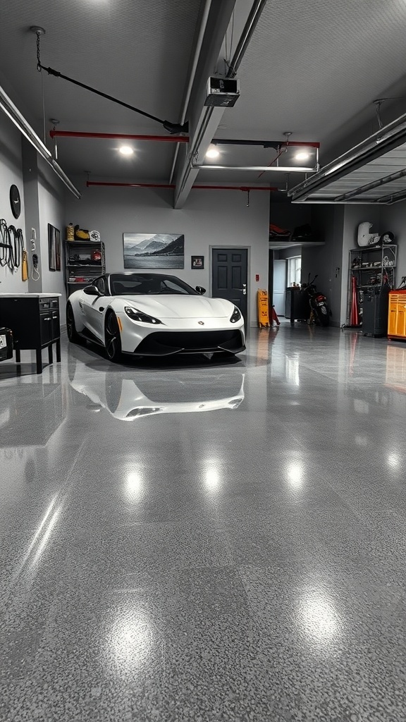 A modern garage with a sleek metallic epoxy floor and a luxury car.