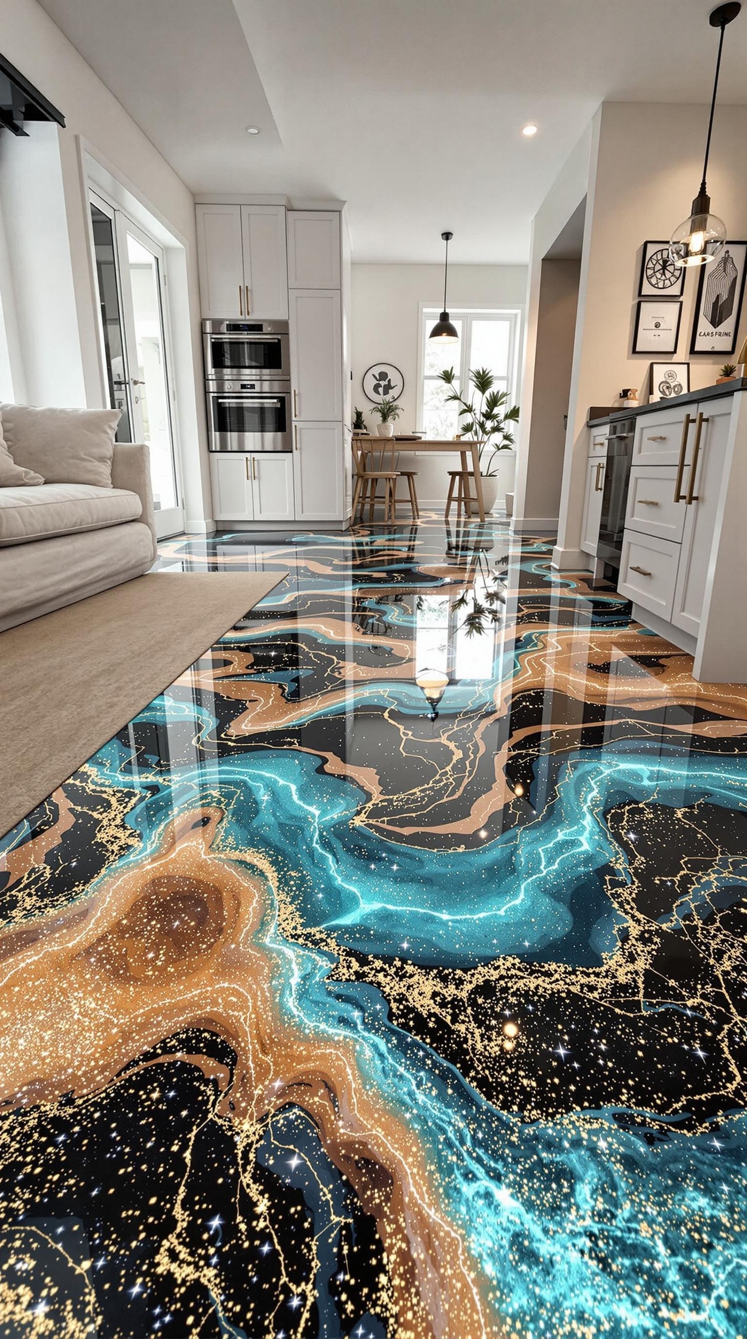 A modern kitchen with a metallic epoxy floor featuring blue, gold, and black swirling patterns.