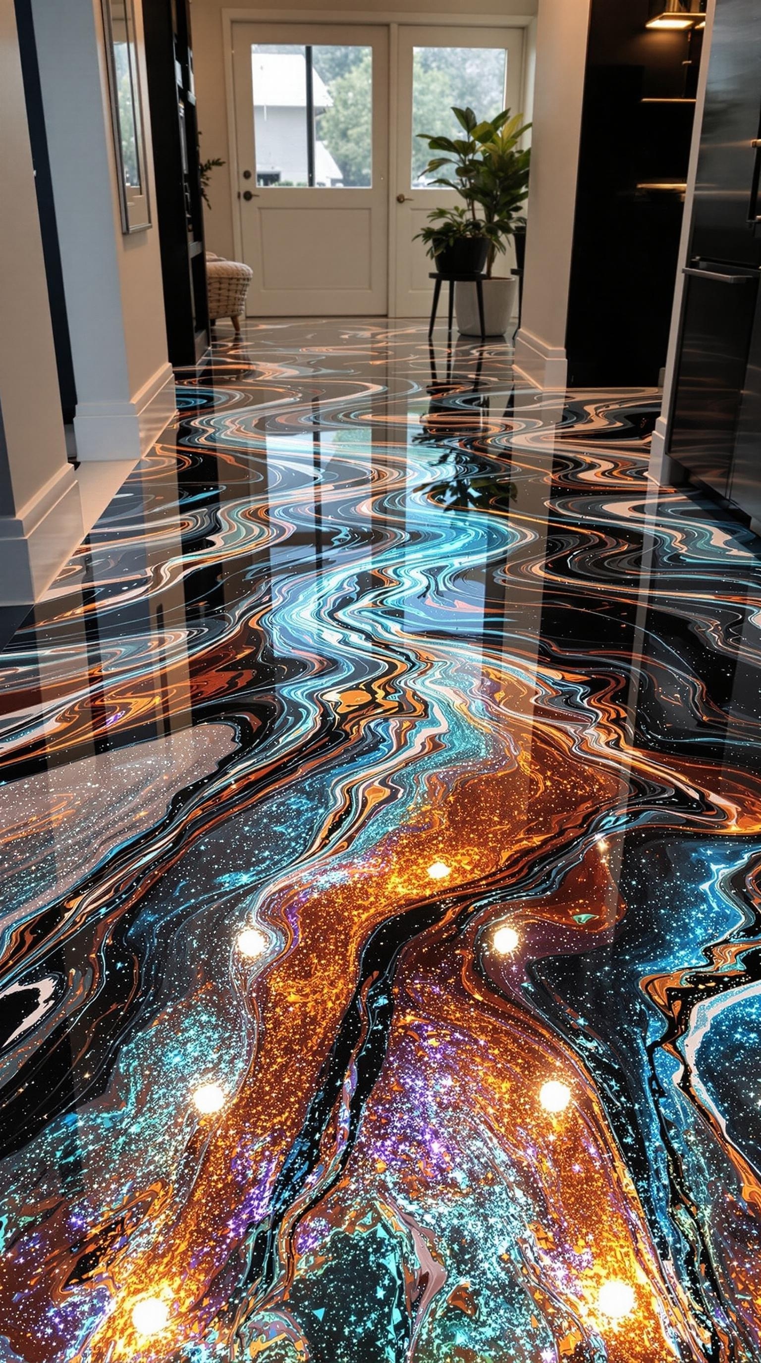 A beautifully designed metallic epoxy floor with swirling patterns in vibrant colors.