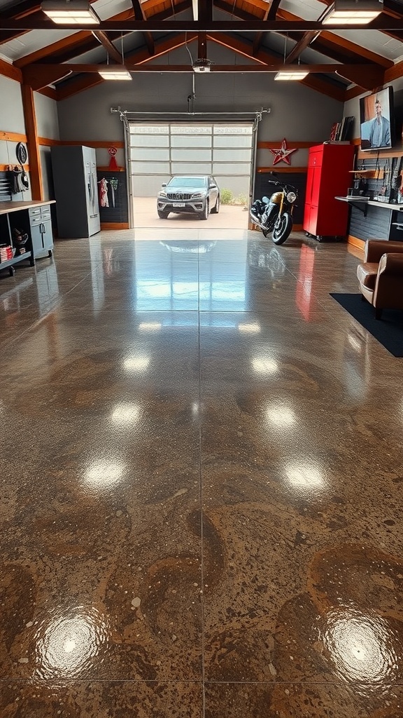 A bright and polished metallic epoxy floor in a garage workshop, showcasing a modern design with a motorcycle and car.