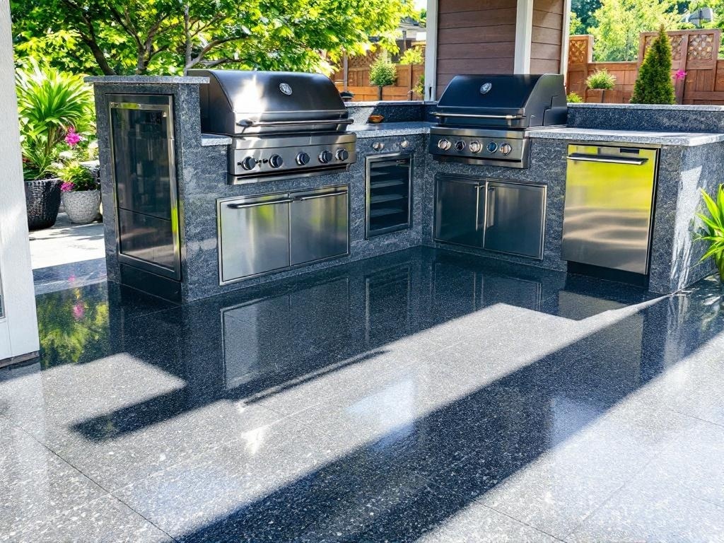 A sleek outdoor barbecue station with metallic epoxy flooring and modern grill appliances.